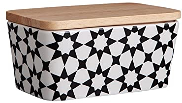 Mantequera Contenedor de Tenedor de Mantequilla de Mantequilla de cerámica con Estampado con Tapa de Madera Plato de Mantequilla Reutilizable 1pc Mantequillera (Color : Black White)