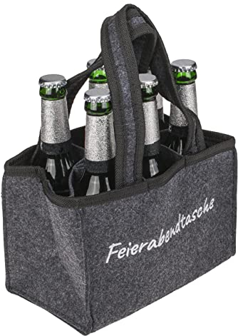 MIJOMA Stilvoller Filz Flaschenträger Biertasche für 6 Flaschen 0,33l/0,5l – Männerhandtasche, Perfekt für Vatertag & Grillpartys (Grau mit Stickerei 'Feierabendtasche')