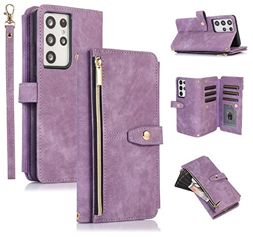 UEEBAI Hülle für Samsung Galaxy S21 Ultra 5G, 9 Kartenfäche Retro Leder Geldbörse Stoßfest Flip Case mit Handschlaufe Standfunktion Reißverschluss Handyhülle Magnetverschluss Wallet– Retro Lila