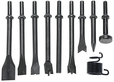 10 Pcs Air Hammer Pneumatic Chisels Tools including 9pcs 0.401'' Shank Smoothing Pneumatic Air Hammer Chisels Bits and High Carbon Steel Spring