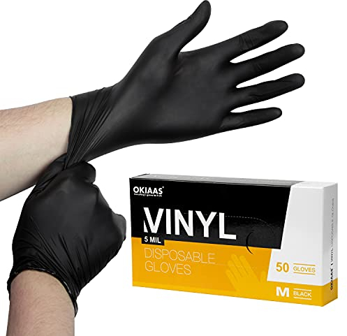 OKIAAS Guantes desechables negros XL, guantes de vinilo desechables sin látex, 5 mil, 200 unidades, para preparación de alimentos, limpieza del hogar, tinte para el cabello, tatuaje