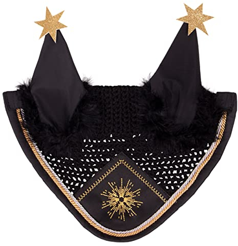 ARBO-INOX Ohrenhaube gehäkelt Fliegenohren mit Silvester-Design schwarz/Gold (Full Warmblut)