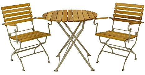 DEGAMO Garten Sitzgruppe Klappgarnitur Passau 3-teilig (2X Armlehnensessel, 1x Tisch rund 77cm), Gestell Flachstahl verzinkt und transparent pulverbeschichtet, Belattung Robinien Holz, Outdoor