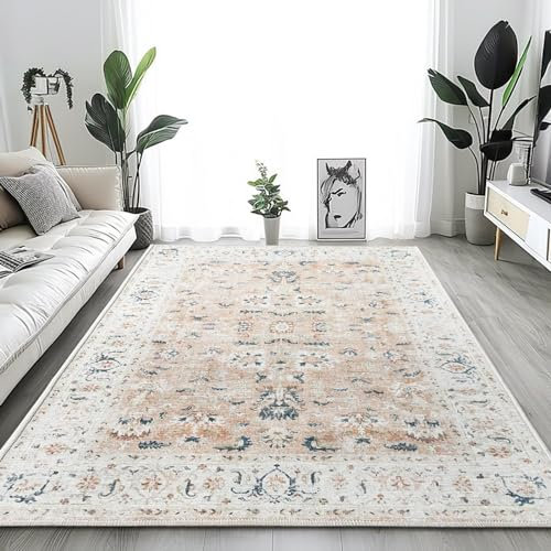 TOPICK Tapis de salon rose 90 x 150 cm - Lavable - Super fin - Vintage - Fleurs persanes - Poils courts - Pour cuisine, chambre à coucher, salon, fille, motif floral - Antidérapant - Pliable