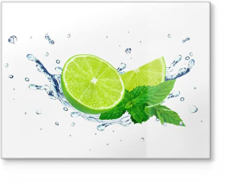 DEQORI Planche à découper en verre | Grande taille 40 x 30 cm | Motif « Citron vert tombe dans l'eau » | Planche à découper design pour cuisine | Planche à petit-déjeuner antibactérienne &