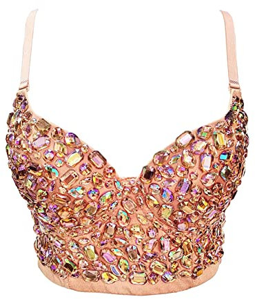 Woboren Corsetto da donna con reggiseno,Top corto con bustino di strass (#11 Beige, M)