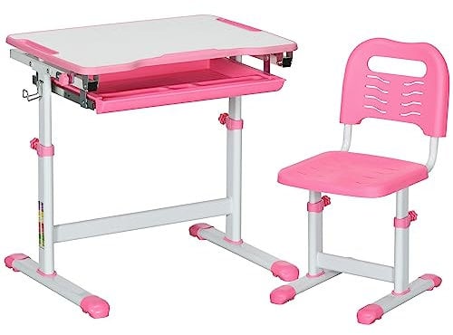 HOMCOM Kids Desk and Chair Set, Height Adjustable Student Writing Desk, Children School Study Table with Tiltable Desktop, Drawer, Pen Slot, Hook - Pink