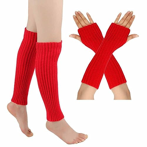 SHTGOI Beinstulpen und Pulswärmer Set Baumwolle Strick Beinwärmer Fingerlose Handschuhe Winter Arm Handwärmer Legwarmer Bein und Arm Stulpen für Yoga-Tanzen Turnhalle Ausübt Halten Warm Rot