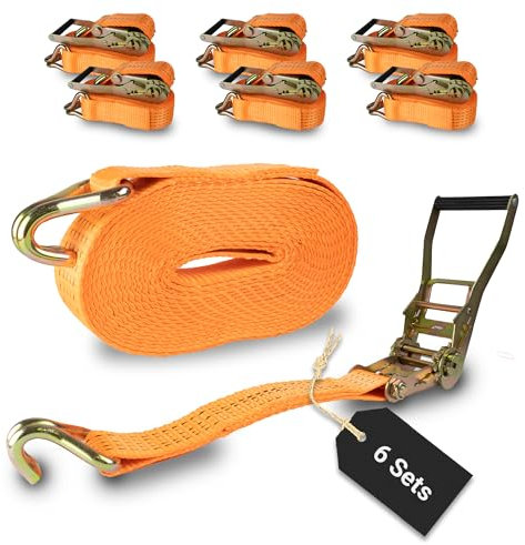 Rapid Spanngurte mit Ratsche 6 Stück - 50mm x 6m zweiteilig/bis zu 5000kg belastbarer reißfester Zurrgurt/schnelle und sichere Zurrgurte mit Ratsche orange/Zurrschlaufen für 5000 daN (5t)