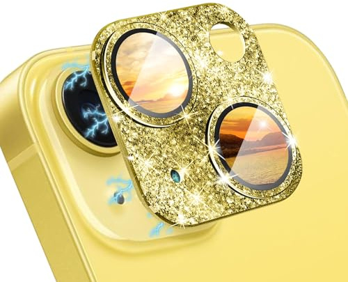 Smasener Protezione per obiettivo della fotocamera per iPhone 15 Plus, in vetro temperato 9H, in lega di metallo, per iPhone 15 da 6,1 pollici, iPhone 15 Plus da 6,7 pollici [Glitter] (Giallo).