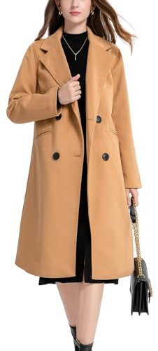 Sukany Women's Winter Wool Blend Coat Notch Lapel Double Breasted Casual Mid Long Pea Coat Trench Jackets Outwear Khaki L