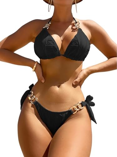GORGLITTER Bikini Damen Mit Ketten Neckholder Bikini Set Triangel Bikini Push Up Zweiteiliger Badeanzug Bademode Strandmode Schwarz XL