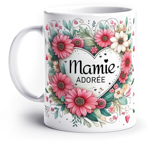 France Mug - 'Mamie Adorée' - (Collection Mamie) - Café Thé Idée Cadeau Original Anniversaire Floral Fête Grand-Mère Humour Fantaisie Famille