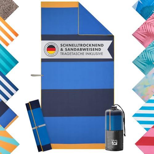 Blumtal Strandtuch XXL aus Mikrofaser - kompaktes und schnelltrocknendes Handtuch/Strandhandtuch 90x180 - Stranddecke sandfrei mit Band - Microfaser Handtücher - Stranddecke in Blau gestreift