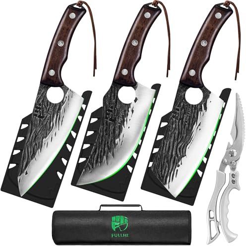 FULLHI Chopping Knife, Wooden Handle 5.5 Inch Vegetable Meat Chopper Set with Scissors, Knife Bag, Sheath, Sharpening Rod, Gloves for Home Kitchen, Camping, BBQ (Brown, 5 Pieces)