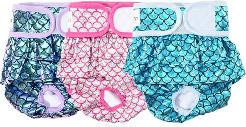 Avont 3 Pack Reusable Dog Diapers Female-Purple/Pink/Blue Mermaid(L) | Highly Absorbent Washable Stylish Dog Diapers Female Cover for Girl Doggies Heat Cycle, Incontinence and Puppy Training