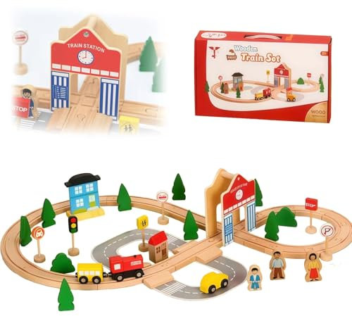 BASAMOU Holzeisenbahn Kinder Züge Spielzeug Set für Kleinkinder, Eisenbahn Holz Zugspielzeug ab 2 3 4 5 6 7 8 Jahren, Kompatibel mit Thomas, Brio, Melissa - Jungen Mädchen Geschenk Geburtztag Weihnach