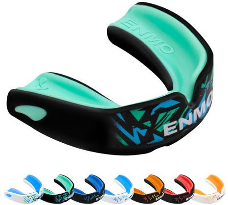 Enmo Maxilla Pro Mundschutz, mit Etui, Erwachsene und Kinder ab 10 Jahren, dreilagig, Gelkanal, Breathing Channel Tech, Boil and Bite, Antimikrobiell, Kontaktsport - Fusion Schwarz/Mint