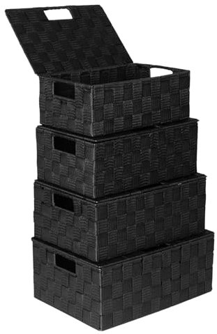 ArcaGuru Woven Storage Basket Bin Container With Lid, Storage Baskets Organizing Bins Small Woven Basket Cube Organizer Divider for Closet, Shelf, Dresser, Drawer, Kitchen, Pantry, Set of 4, Black