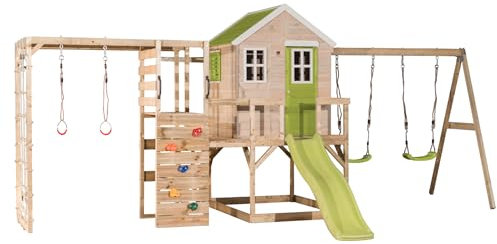 Wendi Toys M28L-G Kids Wooden Playhouse with Slide, Double Swings, 340x560x242 cm, Green – Sturdy Outdoor Structure, Easy Assembly, Perfect for Active Play and Garden Fun