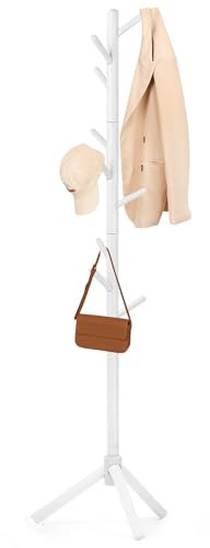 Relquorax Garderobenständer Buchenholz, Jackenständer, Kleiderständer, Baumförmige Garderobe mit 9 Haken, 3 Höhenverstellungen, freistehender-Mantelständer für Kleidung, Hüte, Schals, Taschen (Weiß)