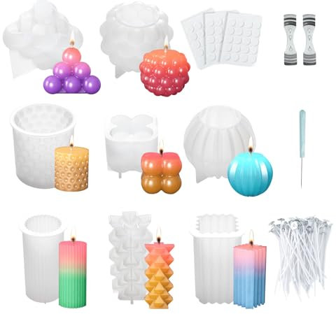 MOAMUN 8 Kerzenformen Zum Gießen Kerzen Formen, 3D Silikon Silikonformen Kerzen Kerzenform mit 113 Werkzeuge, Kerzenformen Kerzen Silikonform für Herstellung von Kerzen Seife Wachs DIY Geschenk Dekor