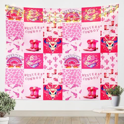 Loussiesd Rosa Western Dekor Wandteppich 130x150cm Longhorn Schädel Wandtuch Wild West Cowboy Bull Schädel Cowboy Stiefel Wandbehang Plaid Tapisserie