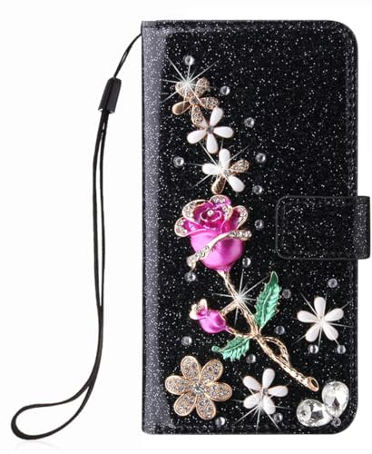 BLOTECH Hülle für ZTE Nubia Focus 5G Beutel 3D Rhinestone Glitzer Handyhülle Brieftasche PU Handytaschen Etui Schutzhülle Schwarzes Ledertasche Rose Muster für ZTE Nubia Focus 5G Schützend