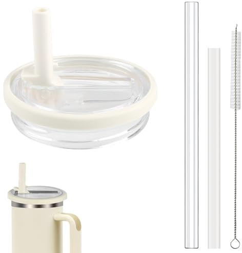 Leakproof Lid for Stanley Cup 40oz, Tumbler Flip Straw Lid Splash with 1 Cleaning Brush and 2 Straws No-Spill Cup Lids Cover for Stanley Quencher Replacement Accessories (Cream White, 40oz)