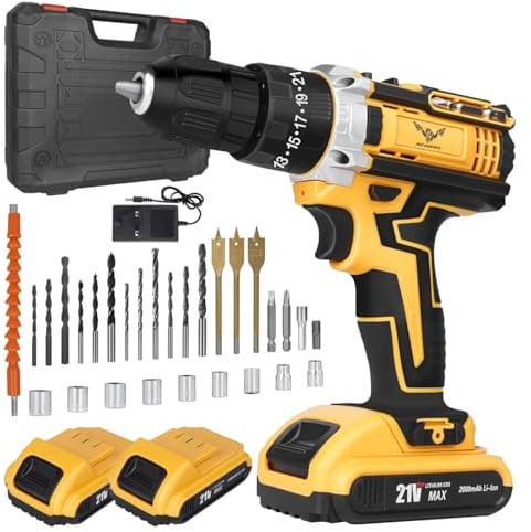 JENABOM Cordless Drill Set 21V, Electric Screwdriver with 2 Batteries 2000mAh, 25+3 Torque Cordless Hammer Drill, 2-Speed, 42N.m Max, LED Work Light for Home and Garden DIY Project