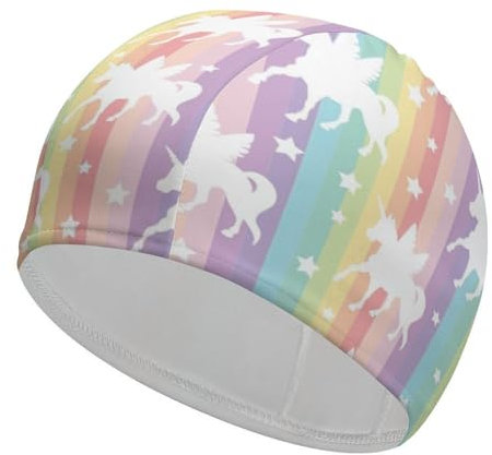 Gorro de baño con Estampado de Unicornio y arcoíris para Cabello Largo y Corto.