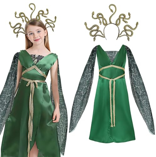 Zophlly Medusa Griechische Göttin Kostüm, Mittelalter Kleid Mädchen mit Schlange Haarreif für Kinder Halloween Karneval Cosplay