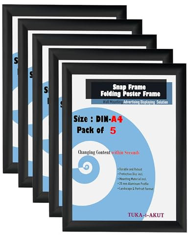TUKA-i-AKUT 5er A4 Klapprahmen aus Aluminium 25 mm Profil, Plakatrahmen Wechselrahmen Poster Rahmen Schnapprahmen Aufklappbar mit Schutzscheibe Befestigungsmaterial, Schwarz Farbe, TKD8420-A4-5X