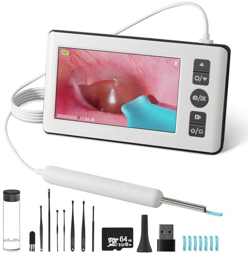 Ohrenreiniger Kamera, 4,3 '' 1080p HD Professionelle Ohrenschmalz Entferner Otoskop mit 6 LED-Endoskop, 3,5mm Ohr Kamera mit 64G Kinder- und Erwachsenenkarte, Plug -and -Play