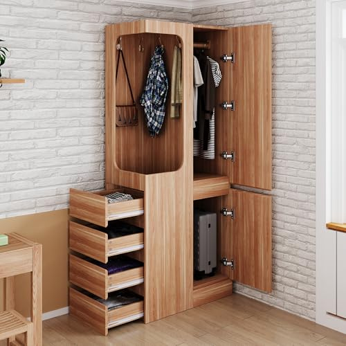 Zravenna Holz Kleiderschrank 70 × 40 × 170 cm mit Hängebereich, Schubladen und Staufächern, eintürig Design, offenem Kleiderbereich, Einzelkleiderschrank mit Geräumiger Stauraum (B, Natur)
