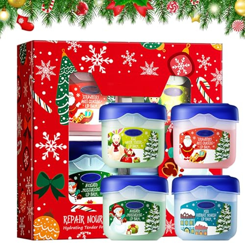 Lippenpflege Set Weihnachten, 4 Stück Fruchtiger Lip Balm Avocado/Kiwi/Milch/Erdbeere, Hydrating Lip Balm Set, Feuchtigkeitsspendender Lippenbalsam gegen Trockene Lippen, Geschenke für Frauen