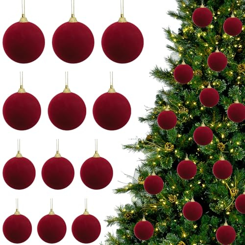 12 Stück Rote Samt Weihnachtskugeln, Weihnachtsbaum Deko Weihnachtskugeln Rot Hängende Weihnachtsbaum Kugeln Set Christbaumkugeln Rot Shatterproof Samt Christbaumkugeln für Deko (3/4/5/6cm)