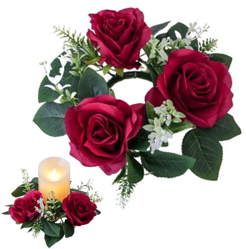 Hperu 22, 9 cm großer künstlicher Rosen-Kerzenring mit grünen Eukalyptusblättern, Kleiner Kerzenkranz für Säulenhochzeiten, Heimdekoration, rotes Blumenmuster