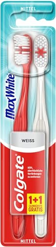 Colgate Zahnbürste Max White, mittel, 2 Stück - Handzahnbürste für natürlich weiße Zähne, mit mittelharten Borsten (Packung mit 5)