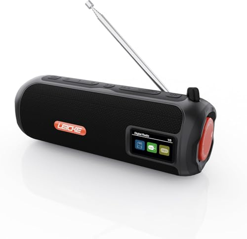 LEICKE DAB+ Radio Tube - Tragbarer Bluetooth Lautsprecher mit DAB+/FM, 4500mAh Akku, RGB-LED Lichter, 10W Stereo-Sound,Equalizer, USB-C-Ladung, Micro SD/AUX Anschluss, Netz- und Akkubetrieb, Schwarz
