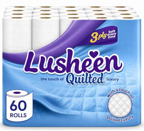 Lusheen Quilted Luxury Toilet Roll, 60 Rolls, 3 Ply Toilet Tissue, Soft, Strong & Highly Absorbent, Extra Long Rolls
