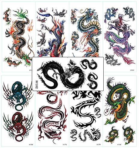 Xinke Lot de 9 feuilles de tatouages temporaires assortis motif dragon chinois imperméable pour homme et femme