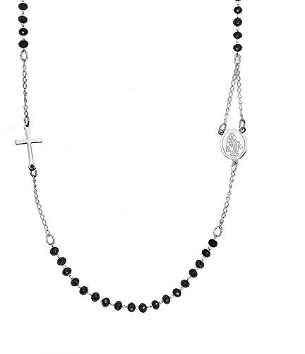 SAGA GIOIELLI® Unisex Rosenkranz Halskette mit schwarzen Kristallen aus Stahl