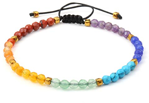 CrystalTears 7 Chakra Armband Damen Perlenarmabnd Armbänder aus 4mm Chakren Steinkugeln Vergolden Lavasteine Perlen geflochten Arm Kette