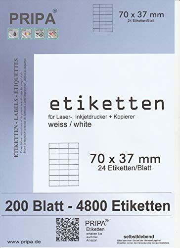 pripa Etiketten 70 x 37 mm, 200 Blatt DIN A4 Selbstklebende Etiketten. 24 Etiketten pro Bogen - 3 Spalten - 8 Reihen