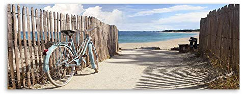 Leinwandbild Bicycle 60 x 150 cm I Fahrrad Weg ans Meer Meerblick Meermotiv Strand Strandmotiv I Bild Wohnzimmer Schlafzimmer Esszimmer XXL groß Leinwand I Wanddeko Poster Kunstdruck