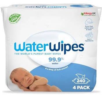 WaterWipes Original Baby Wipes, 240 Count (4 Packs), 99.9% Water-Based Wipes, Unscented, For Sensitive Skin, Packaging May Vary