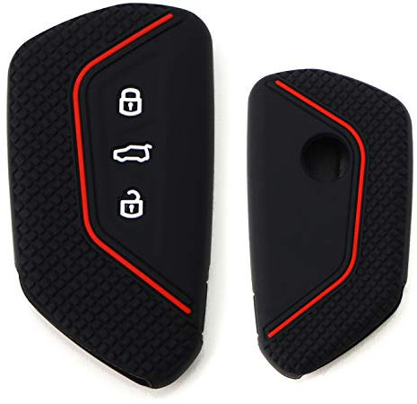 iJDMTOY Black Soft Silicone Key Fob Cover w/Red Stripe Compatible with Volkswagen MK8 Golf/GTI, Skoda Octavia with 3/4/5-Button Smart Key