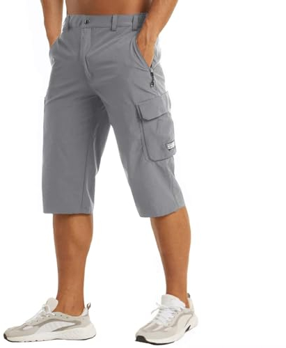 MAGCOMSEN Short Men Sport Hiking Running Trousers Quick Dry 3/4 Length Gym Breathable Activewear Shorts with Zip Pockets Light Grey, 36