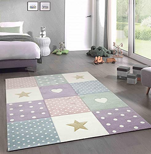 CARPETIA Kinderteppich Sterne Herzen Punkte Creme Rosa Blau 200x290 cm | Pflegeleicht, strapazierfähig, farbecht und allergikergeeignet, OEKO-TEX geprüft, schadstofffrei, für Fußbodenheizung
